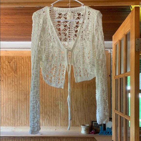 SHEIN Sweaters - Women’s SHEIN Curve Crochet Lace Tie Front Open Cardigan Sweater Top Coverup 2XL